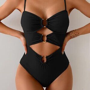 Eomenie One Piece Swimsuit for Women Ring Linked Monokini Black Size Large